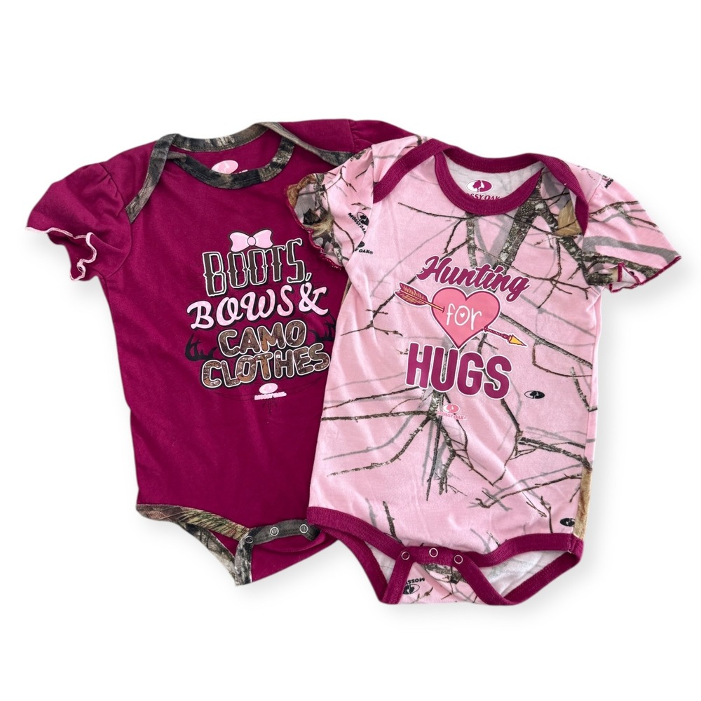 Mossy Oak 24M Baby Girl Bodysuit Bundle Hunting Camo Boots Bows Clothes